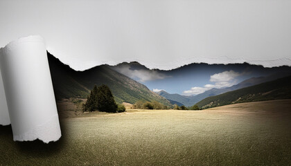 Creative torn paper effect revealing scenic mountain valley with trees, fields, and cloudy sky. Conceptual landscape composition, hidden nature background, imagination, fantasy design idea.