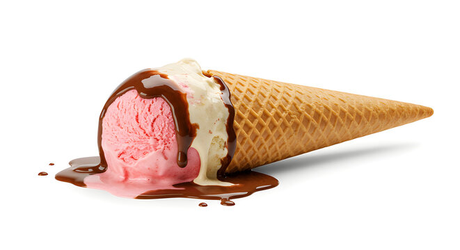 Upside-down melting ice cream cone on white background.