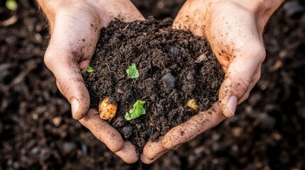 Hands Holding Rich Soil with Seedling, gardening , farming