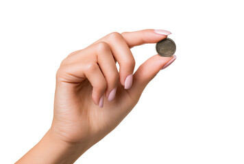 Close-up of a hand holding a small, dark coin