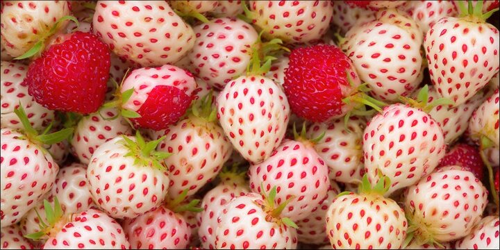 Close-up view of a pile of fresh, white pineberries with red seeds and ripe strawberries.