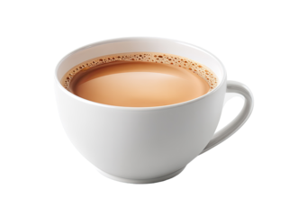 A full cup of light brown tea in a white ceramic mug