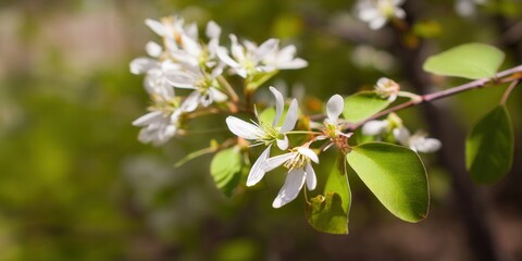 Obraz premium A beautiful close-up of white flowers and green leaves, blooming in nature during spring.