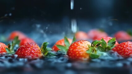 Captivating slow motion footage of fresh strawberries under falling water against a dark background - Powered by Adobe