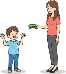 Cartoon woman giving money to happy boy, financial reward, allowance, parenting, cash gift, cheerful child, family support, white background
