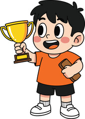 Cartoon, child, trophy, award, celebration, success, achievement, smiling, orange shirt, black shorts, animated, illustration, winner, proud, recognition, white sneakers, book, plaque, character