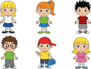 Cartoon, children, diverse, outfits, hairstyles, accessories, standing, character, animated, illustration, school, casual, colorful, fashion, identity, group, pose, expression, visual, storytelling