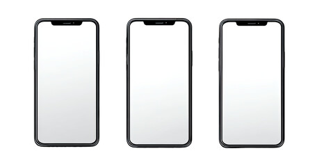 Three black smartphones, vertically oriented, display blank