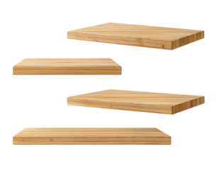 Three dimensional renderings of light-brown wooden shelves.  Stacked rectangular surfaces, varying in height.  Simple, clean design
