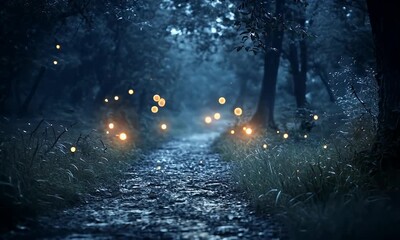 Mystical forest path at twilight lit by glowing orbs - Powered by Adobe