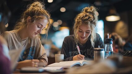 Students studying together with coffee and shared notes in campus library - Powered by Adobe