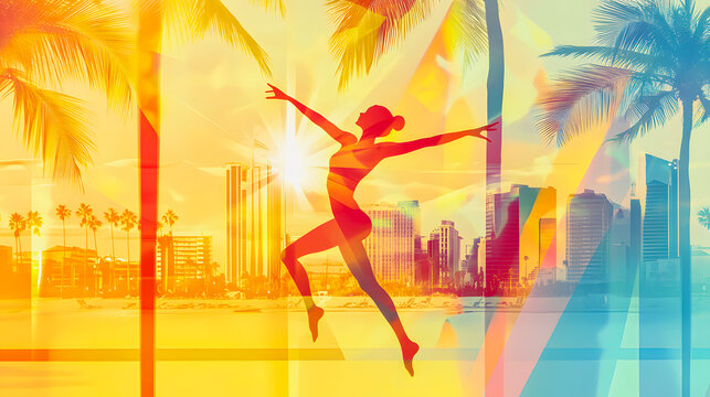 Abstract illustration of rhythmic gymnast performing with ribbon against colorful city skyline and palm trees in vibrant artistic design