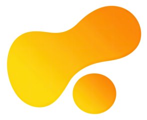 Abstract logo, two overlapping, fluid, orange shapes. One shape is a blob, the other a circle. Gradient of orange hues