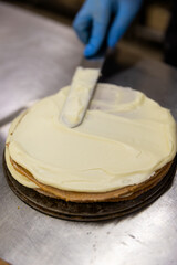 Spreading creamy custard on a cake layer in a professional bakery kitchen