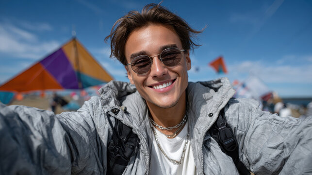 A cheerful young man smiles brightly while sporting sunglasses and casual attire against a backdrop of colorful kites at the beach, capturing vibrant summer energy.