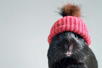 Black Guinea Pig with Red Knitted Hat on White Background and Copy Space