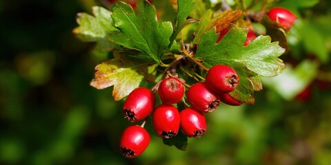 Obraz premium Close-up shot of bright red hawthorn berries, attached to a leafy branch in a natural setting.