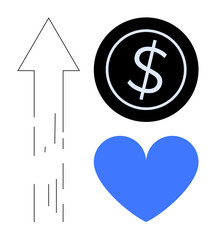 Upward arrow symbolizing growth, dollar sign for wealth and finances, and blue heart representing passion. Ideal for business growth, finance, motivation, passion, success, progress simple landing