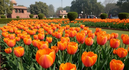 Orange tulips in a beautiful garden.
