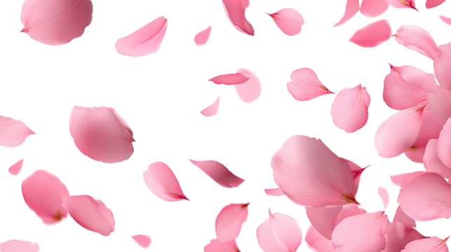 Pink flower petals,  a flurry,  flying against black