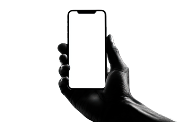 A hand holding a smartphone with a blank screen, in silhouette against a black background