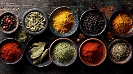 Assortment of spices on wooden surface