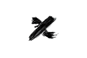 A bold, textured black X mark against a black background.  The X is painted or brushed, showing visible texture and varied shading