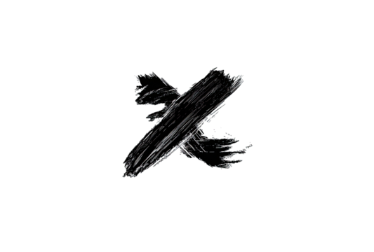 A bold, textured black X mark against a black background.  The X is painted or brushed, showing visible texture and varied shading