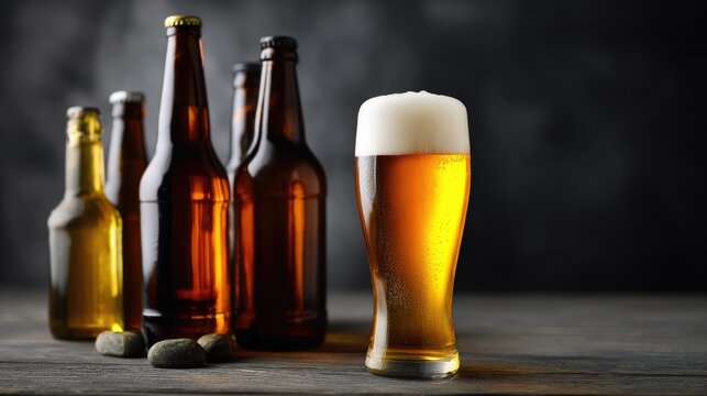 A tall glass of golden ale sits invitingly next to several dark glass bottles. The ambiance is perfect for celebrating national beer lover’s day, highlighting the joy of enjoying suds with friends
