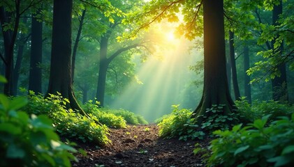 Fototapeta premium Serene nature soundscape, calming visuals of a tranquil forest scene perfect for meditation and stress relief Ideal for relaxation apps, websites, or wellness content , trees, well-being