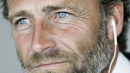 Close-up of a mature man with blue eyes and earphones.