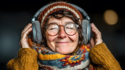Elderly woman enjoying music with headphones, wearing warm winter clothing.