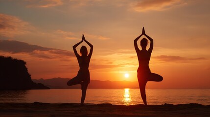 a group people practicing yoga on a beach at sunset, silhouetted against the sun.