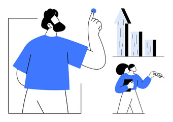 Two professionals brainstorming ideas, analyzing a bar graph with upward growth and innovation. Ideal for teamwork, business planning, data analysis, productivity, financial growth, collaboration