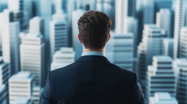 Rear View of Businessman Looking at Cityscape, vision , strategy