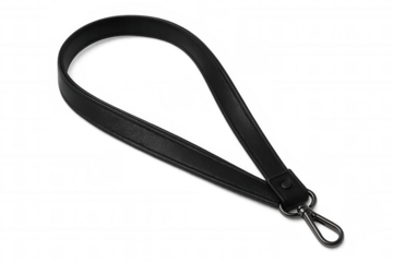 Black leather lanyard hanging with metallic clip, displaying professional accessory against clean white backdrop