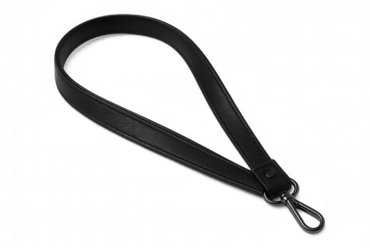 Black leather lanyard hanging with metallic clip, displaying professional accessory against clean white backdrop