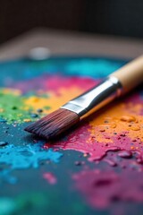Fototapeta premium Close-up shot of a paintbrush resting on a painter's palette, bristles still wet with vibrant paint, ready for the next stroke of artistic creation , equipment, painting supplies