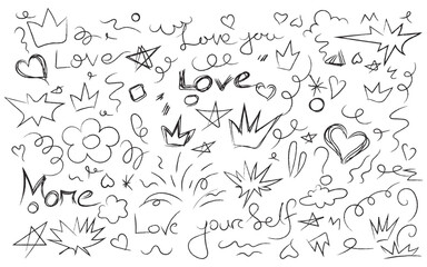 Doodle art with hearts and crowns sketch