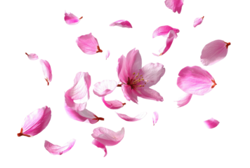 Pink flower petals scattered, isolated against black