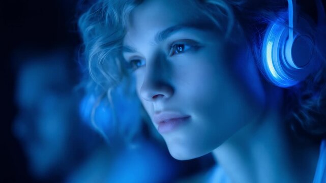 Focused Future Tech Portrait with Blue Headphones