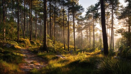 Sunlight filtering through a pine forest