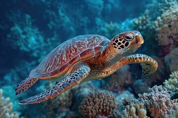 Fototapeta premium Underwater turtle amidst vibrant coral reef