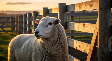 Sheep Standing Next to a Wooden Fence at Sunset.
