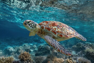 Fototapeta premium Sea turtle swimming in coral reef
