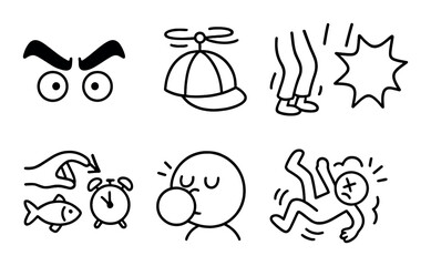 Emotions and actions linear icon set. featuring angry eyes, propeller hat, knees, crash, alarm clock, sleepy face, falling bear.
