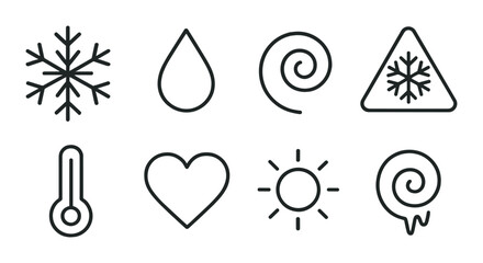Weather silhouette icon set. featuring snowflake, raindrop, wind, snow warning, thermometer, heart, sun, ice symbols.