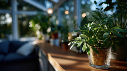Fototapeta premium A lush potted plant rests on a wooden surface, with sunlight filtering through glass walls, creating a serene and bright atmosphere filled with natural beauty.