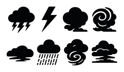 Weather silhouette icon set. featuring thundercloud, lightning, tree, tornado, wind, rain, storm, nuclear cloud..