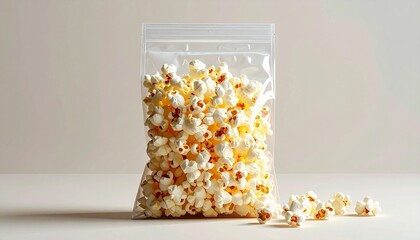 Clear resealable plastic bag filled with popcorn on light surface, fresh and portable snack concept